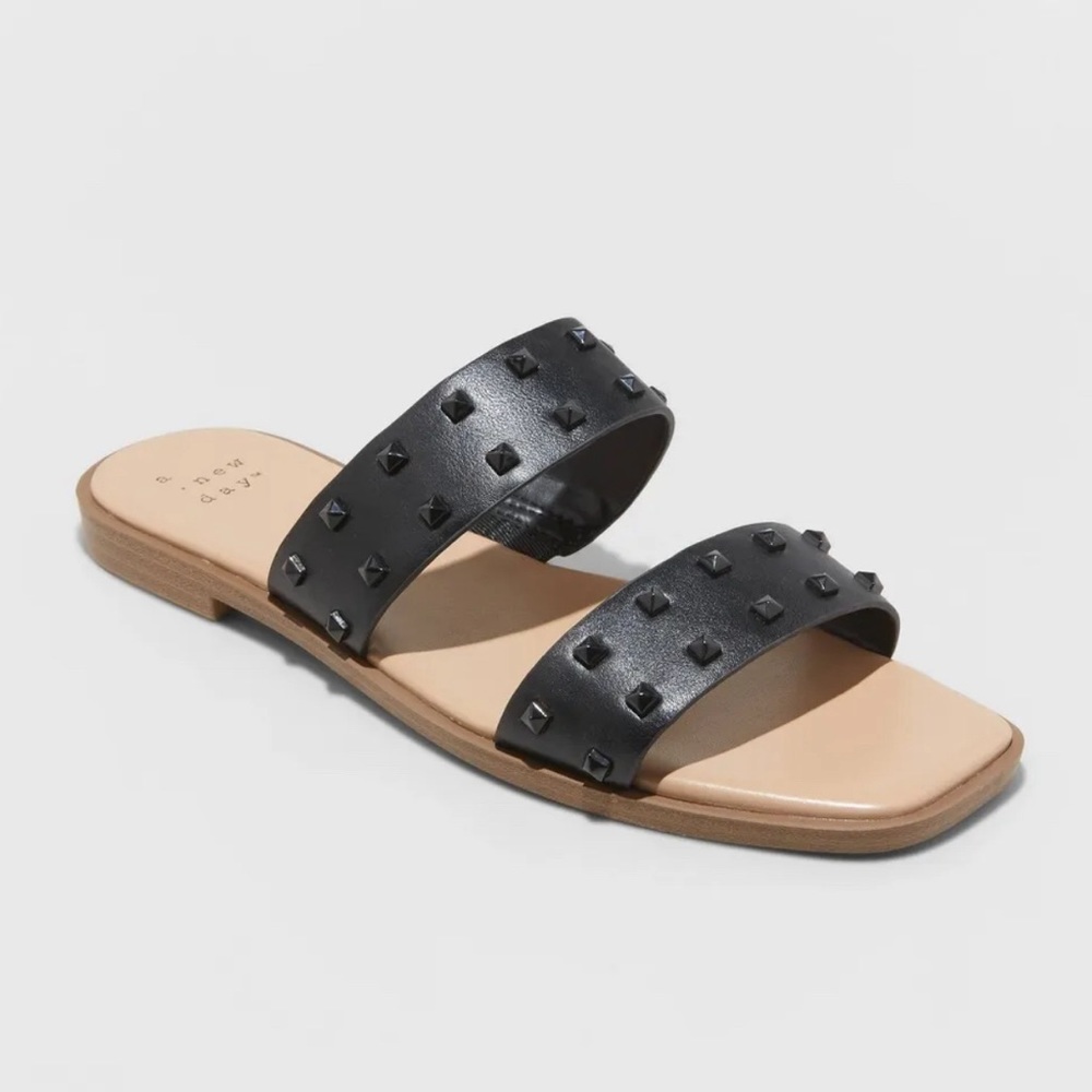 a new day Black Studded Double-Strap Slide Sandals